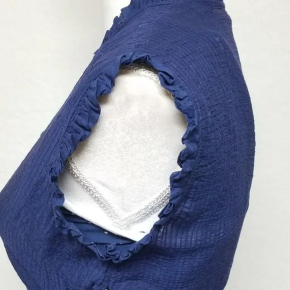 Rare Vintage 40s Glass Original Blue Ruffle Cotton Voile Tie-Waist A-line Dress - Picture 9 of 11